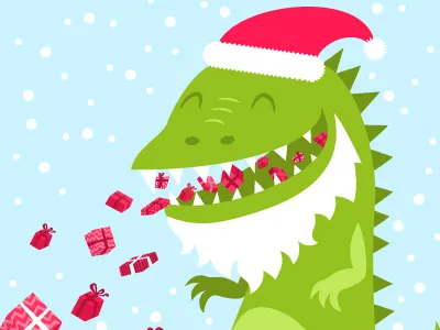 Christmas Card 03 blue christmas gift godzilla graphic hatchers illustration present red santa xmas