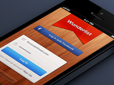 Wunderlist 2 - Login Screen 6wunderkinder facebook form ios iphone login manager paper red ribbon task wood wunderlist wunderlist 2