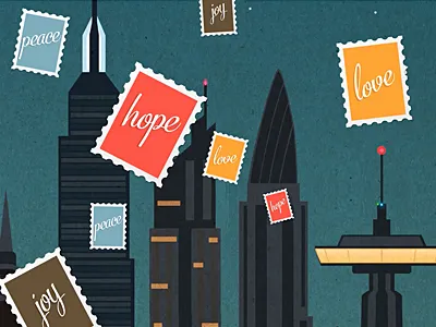 Raining Stamps animation christmas city cityscape holiday night post skyscrapers stamps