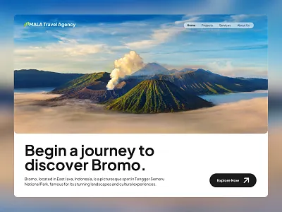 Hero Section Design: Explore the Beauty of Mount Bromo travel website mockup