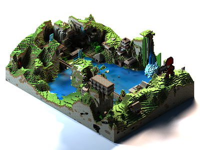 Cliffside Town art blocks bricks buildings cinema 4d cliff design drew rios frozen ice iso isometric lake low poly minecraft mountains pixel render side waterfall