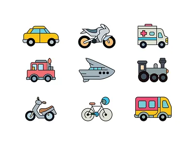 Vehicle Icons ambulance bicycle branding car colorful icons firetruck icon design icon set motorcycle scooter train transportation transportation design transportation icons vehicle art vehicle collection vehicle graphics vehicle types vehicles yatch