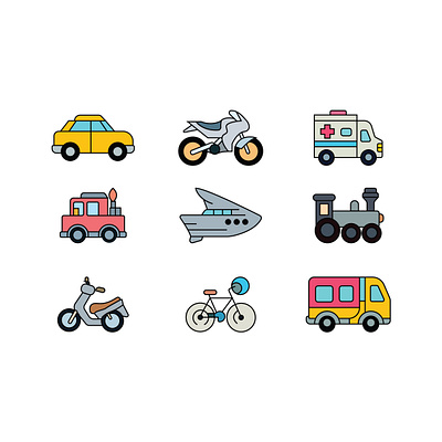 Vehicle Icons ambulance bicycle branding car colorful icons firetruck icon design icon set motorcycle scooter train transportation transportation design transportation icons vehicle art vehicle collection vehicle graphics vehicle types vehicles yatch