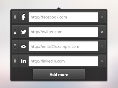 Add Social Icons add more dark delete drag draggable facebook grabbable input linkedin mail modal popup social icons tooltip twitter ui