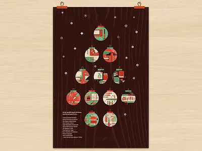 The Twelve Days of a Designer's Christmas christmas cute dangerdom dominic flask flat fun green holiday illustration mid century ornament poster print red snowflake texture vector wood