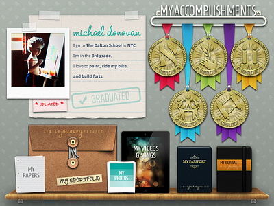 Children's Site Profile Page UI 3d award badge document envelope ipad jewish journey project jjp journal medal moleskin paper passport photo photoshop ribbon skeuomorphic ui vector