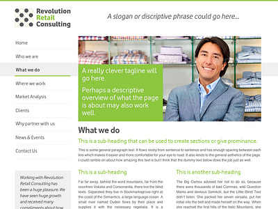 Revolution Retail Consulting Secondary Page charcoal green grey lime photos retail webpage website