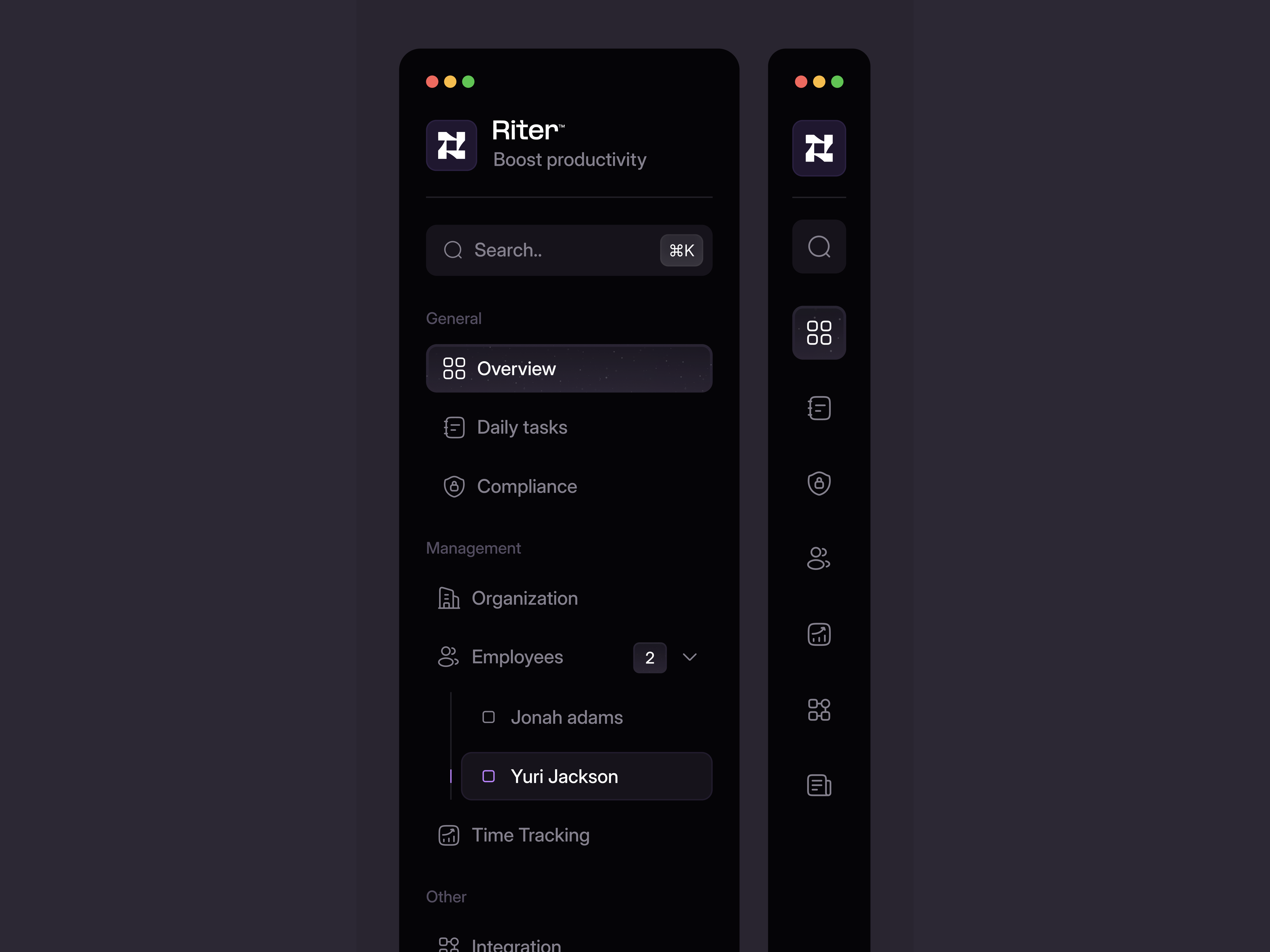 Sidebar Navigation Menu - Riter app clean collapse dark dark mode dashboard design expand interface menu minimal navigation saas sidebar ui uix user interface web web design widget