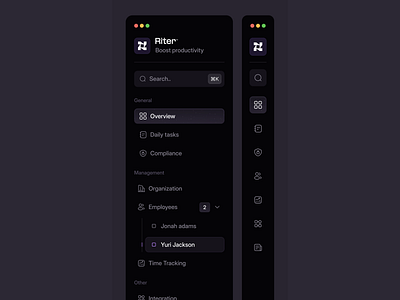 Sidebar Navigation Menu - Riter app clean collapse dark dark mode dashboard design expand interface menu minimal navigation saas sidebar ui uix user interface web web design widget