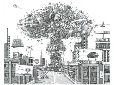 "Pick relaxation" ad art black city drawing illustration ink pen town