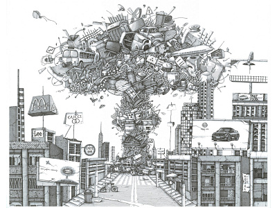 "Pick relaxation" ad art black city drawing illustration ink pen town