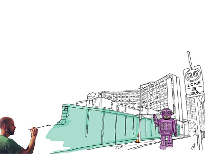 Idea for a profile page beard idea landscape line drawing profile page robot sketch traffic cone unfinished urban