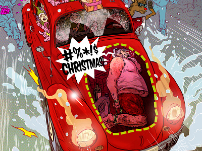 No country for old Santas car christmas digital color editorial illustration ink photoshop santa