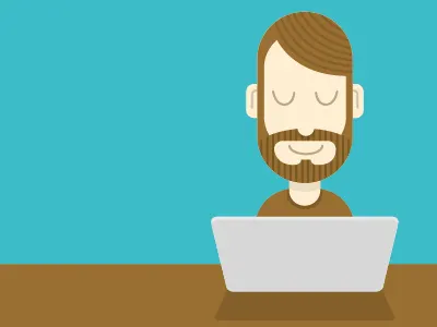 Character with beard Surfing the internet on a notebook apple beard character. illustration laptop