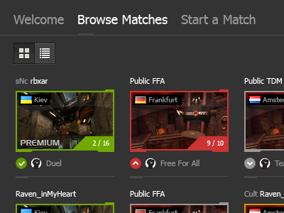 Online Matches Browser ui web design
