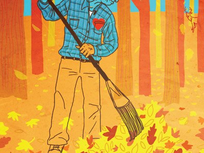 Raking autumn illustration old man