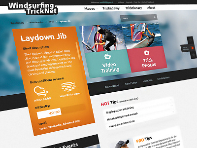 TRICKNET trick page concept layout photoshop surfing tricks web design web site windsurfing