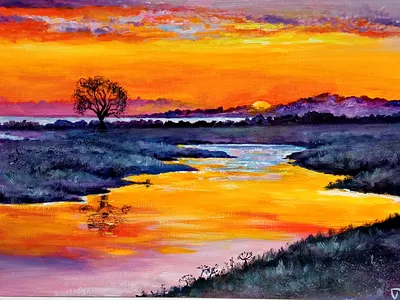 Original Acrylic Painting of Sunset Dnipro River, Ukraine art hand painted handmade nature paint painting sunset art ukraine ukrainian river