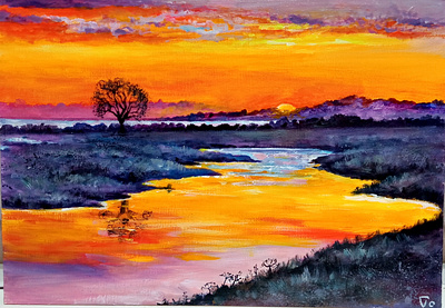 Original Acrylic Painting of Sunset Dnipro River, Ukraine art hand painted handmade nature paint painting sunset art ukraine ukrainian river