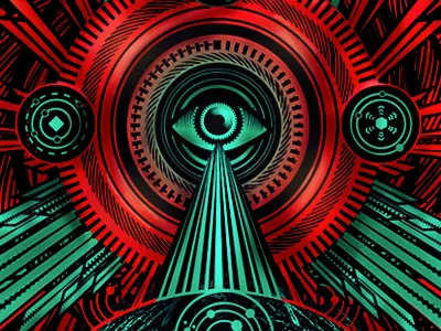 VII constellations diety eye god graphic black green gutierrez planets red rings seven space universe vector vii