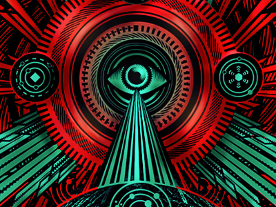VII constellations diety eye god graphic black green gutierrez planets red rings seven space universe vector vii