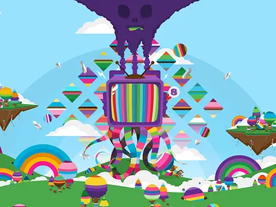 The Creator/The Destroyer classic cloud color earth pastel pollute purple rainbow skull sky tentacle vintage