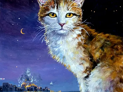 Silent Witness of the Night: A Cat Amidst the Flames art cat hand painted handmade paint painting ukraine ukrainian war