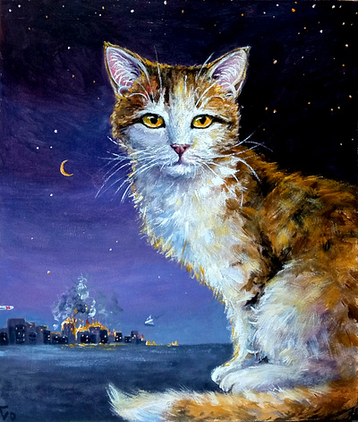 Silent Witness of the Night: A Cat Amidst the Flames art cat hand painted handmade paint painting ukraine ukrainian war