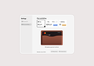 Plan and billing page for a SaaS application billing credit card design figma illustration leather light light mode modern parameters payment plans prices saas settings ui ux wallet web design