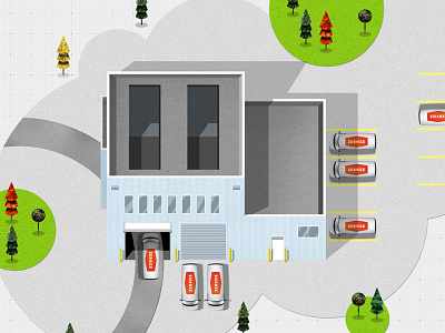 Zervice Depot building circles depot grass illustration road top view trucks