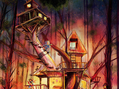 Album cover illustration animals children forest house robot treehouse