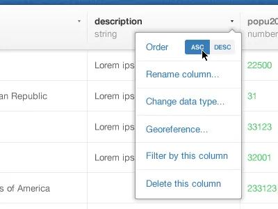 Column options light menu options popup