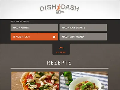 Dish Dash dropdown menu navigation recipe tabs website