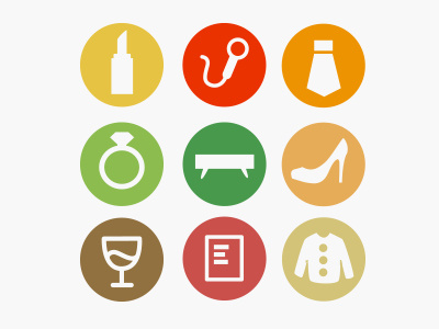 Icons for category book cute drink female flat furniture high heeled shoes icon lip stick male music ring tie vintage