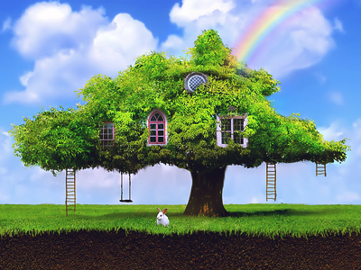 City Childhood childhood city home illustration ladder park rainbow sky swing tree windows