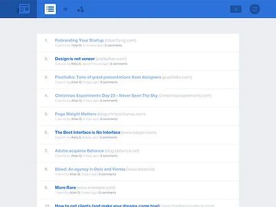Designer News blue clean flat homepage interface list minimal news simple ui