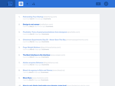 Designer News blue clean flat homepage interface list minimal news simple ui