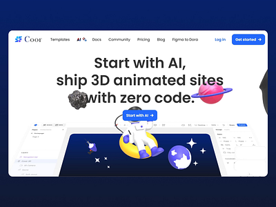 Coor: AI-Enhanced 3D Web Design 3d animation ai integration bold typography creative development digital creativity futuristic aesthetics interactive design layered navigation minimalist controls modern web design motion design no code platform playful visuals prototyping made easy responsive layout smooth animation space theme user friendly interface uxui web design tool