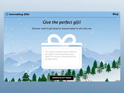 Interactive Gift Idea Generator Web Design call to action button clean user interface creative gift ideas festive decorations gift generator tool holiday inspired visuals interactive gift interactive interface intuitive design experience joyful and festive design minimalistic layout modern web design motion desgn motion graphics personalized experience simple input mechanism user engagement focus user friendly interaction uxui design winter themed design