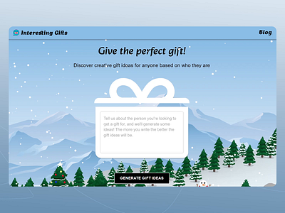 Interactive Gift Idea Generator Web Design call to action button clean user interface creative gift ideas festive decorations gift generator tool holiday inspired visuals interactive gift interactive interface intuitive design experience joyful and festive design minimalistic layout modern web design motion desgn motion graphics personalized experience simple input mechanism user engagement focus user friendly interaction uxui design winter themed design
