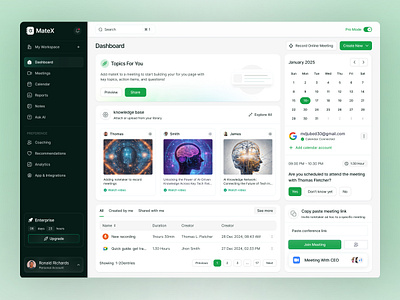 MateX - AI Meeting Assistance Dashboard ai aidashbaord aidesign dashboard landingpage meeting saas ui ux web website webui
