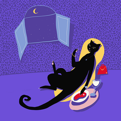 Luxury kitty chilling at home cartoon cats design digital girl illustration procreate