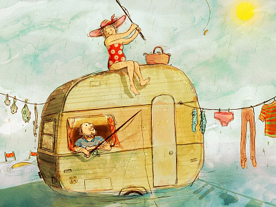 Camping camping caravan fish fishing illustration laundry summer