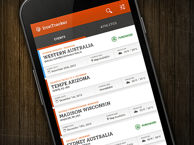 IronTracker Event View android athletes color coded events hub list list view