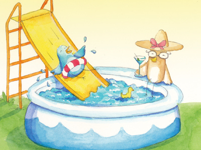 Slippery-dip! birds hot illustration pool summer swimming