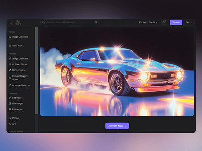 Website AI-Powered Retro Car Animation ai design tools ai powered creativity animation focused ui automotive art creative tech platform high tech artistry image to video generator interactive ux intuitive ux design modern retro design motion graphics neon aesthetics reflective visuals retro car animation sleek dark uxui user friendly tools uxui design vibrant glowing elements video editing interface visual content creation