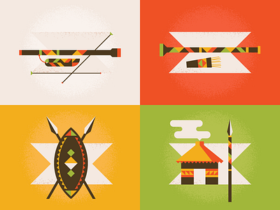 Tribal Weapons blowdart brown dangerdom dominic flask flat geometry gold green gun hut illustration mid century orange shield spear tribal tribe vector