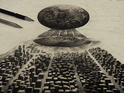 City Drawing - work in Progress city crater drawing graphite pencil planet sci fi sketch space traditional