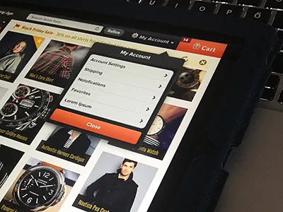 iPad app . app apple dropdown fashion grey icons interface ios ipad iphone mac menu orange photo screen shop shopping tablet trendy