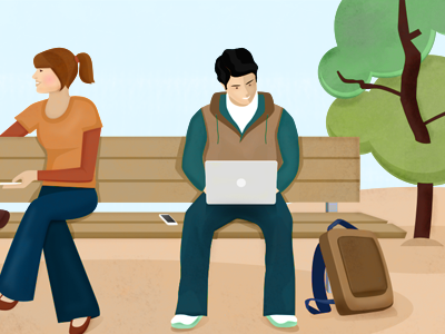 Header illustration bench colors girl guy header illustration scene tree